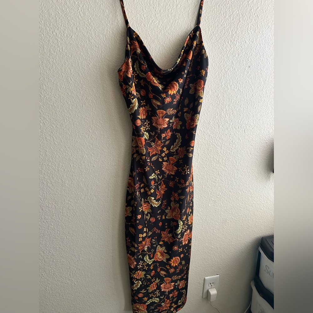 Floral Black Satin Dress
